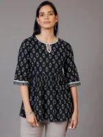 Black Printed Cotton A-Line Kurti - Image 3