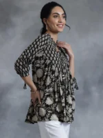 Black Printed Cotton A-Line Kurti - Image 2