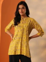 Yellow Printed Silk Blend Straight Short Kurti - Image 4