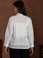 White Embroidered Cotton Straight Kurti - Image 4