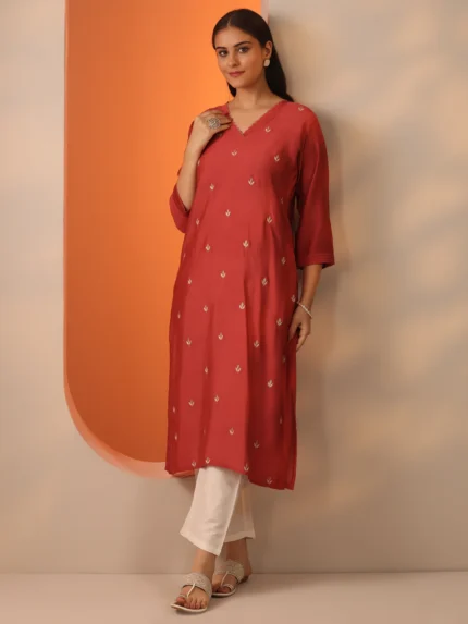 Rust Embroidered Silk Blend Straight Kurta