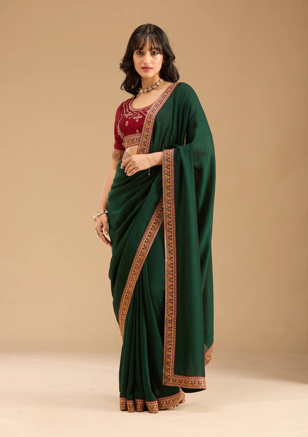 SAUS0044125_BOTTLE_GREEN_1.webp Bottle Green Gold Zariwork Soft Raw Silk Saree - Image 1