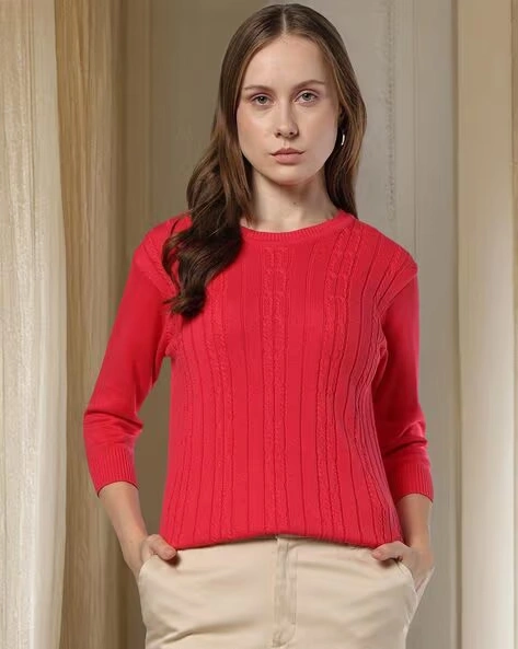 473Wx593H-443044135-coral-MODEL.webp Women Ribbed Regular Fit Crew-Neck T-Shirt - Image 1